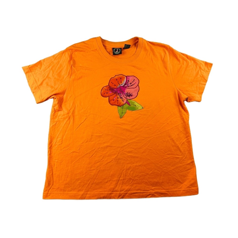 Vintage Lighthouse Apparel T-Shirt Women XL Orange Sequin Flower Graphic Beach